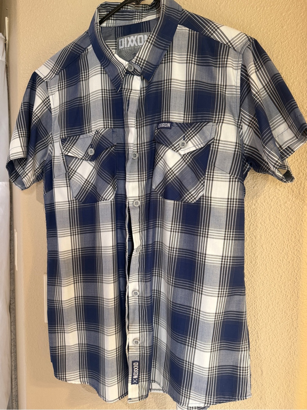 DIXXON Short-Sleeve Blue and White Plaid Button-Down Shirt